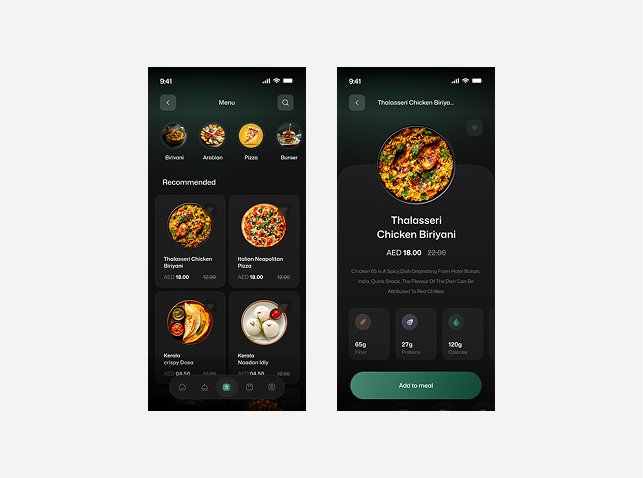 Chikito meal planning mobile app UI — Food items list, nutrition tracking and personalized meal recommendations. UI/UX & product design by Muhammed Safvan (UAE).