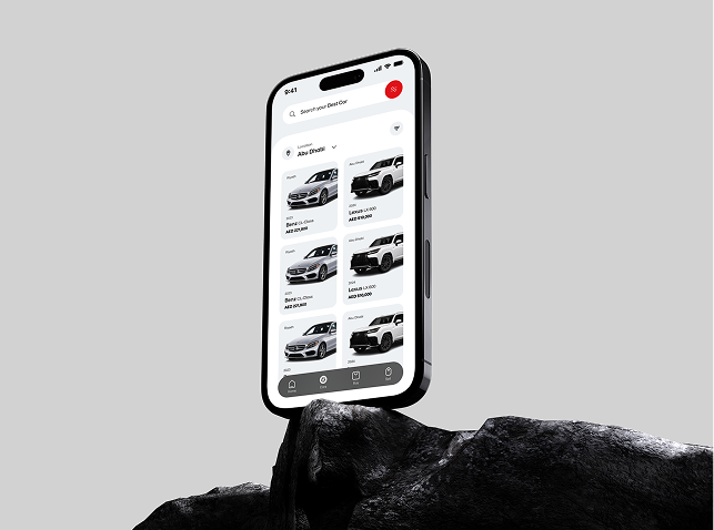 Sulthan Al Khetbi — Fleet management mobile app interface showing vehicle search filters, branch availability, and car specifications