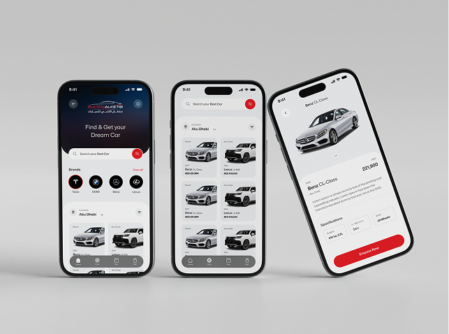 Sulthan Al Khetbi — Fleet management mobile app interface showing vehicle booking, payment options, and transaction history