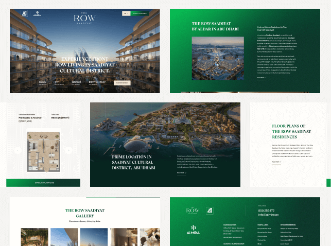 The Row Saadiyat landing page design — Premium real estate UI/UX showcasing luxury properties on Saadiyat Island, Abu Dhabi. Designed by Muhammed Safvan (UAE).
